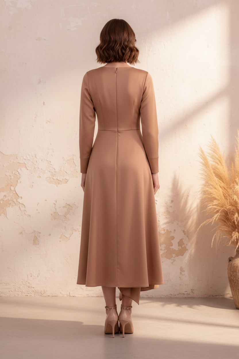 Long Sleeve V-Neck Asymmetrical Midi Dress