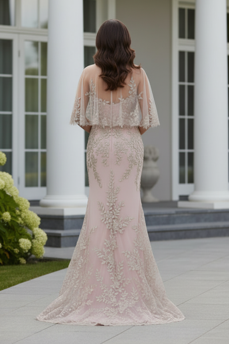 Illusion Lace Cape Sleeve Column Evening Gown