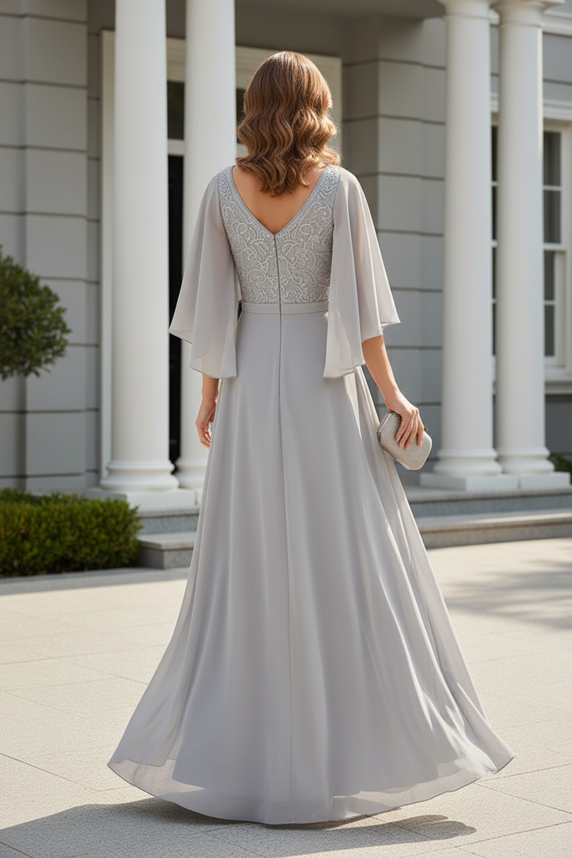 Embroidered V-Neck Cape Sleeve Evening Gown