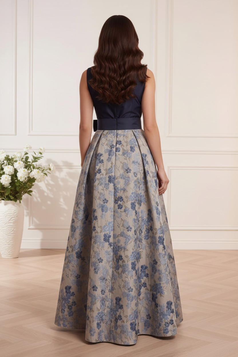 Sleeveless Collared A-Line Gown with Floral Jacquard Skirt
