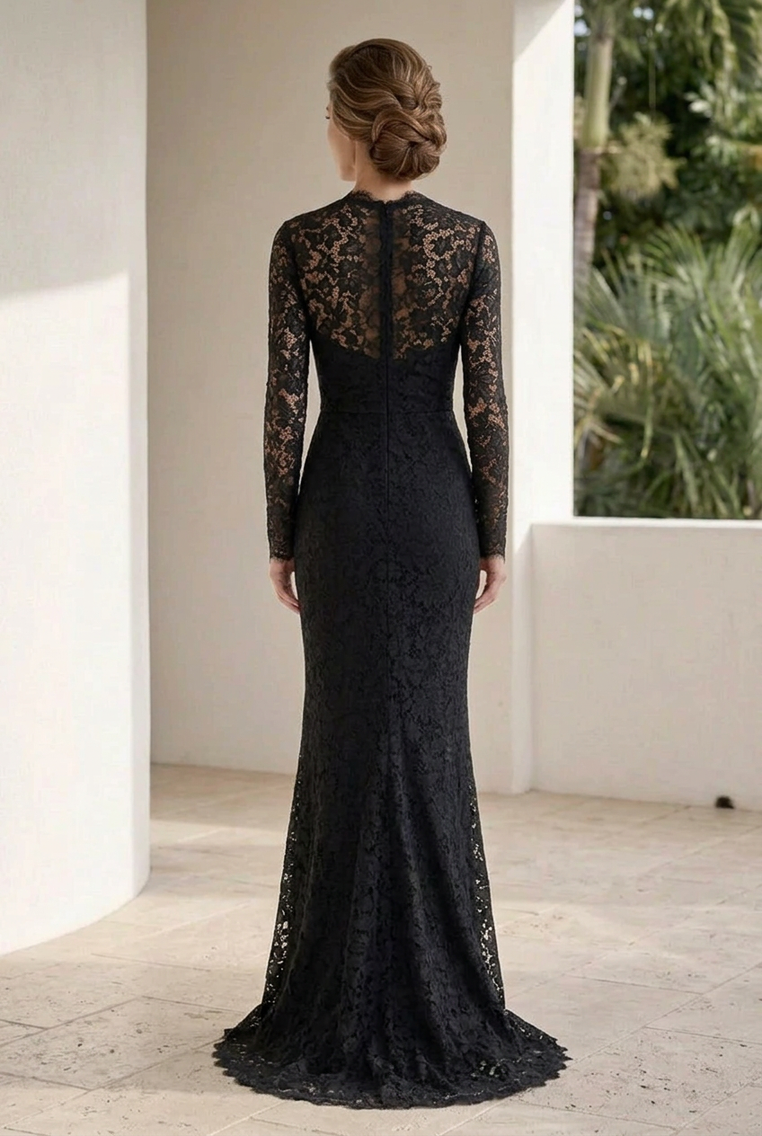 Lace Deep V-Neck Long Sleeve Evening Gown