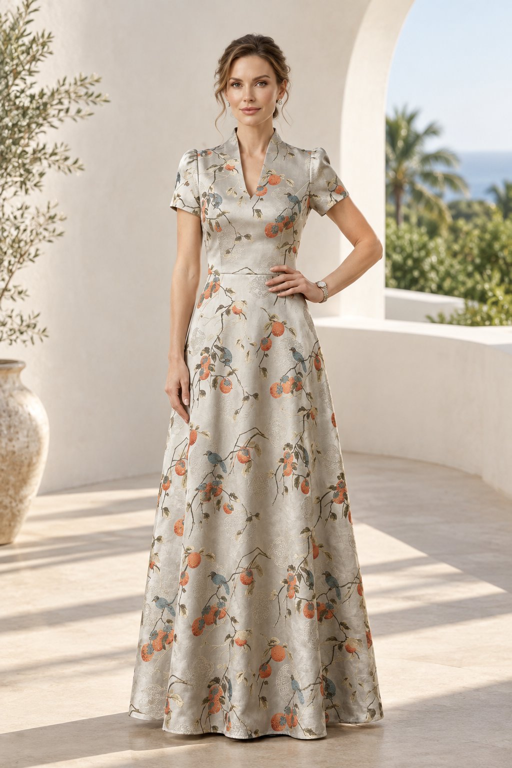 Floral Jacquard A-Line Maxi Dress with Puff Sleeves