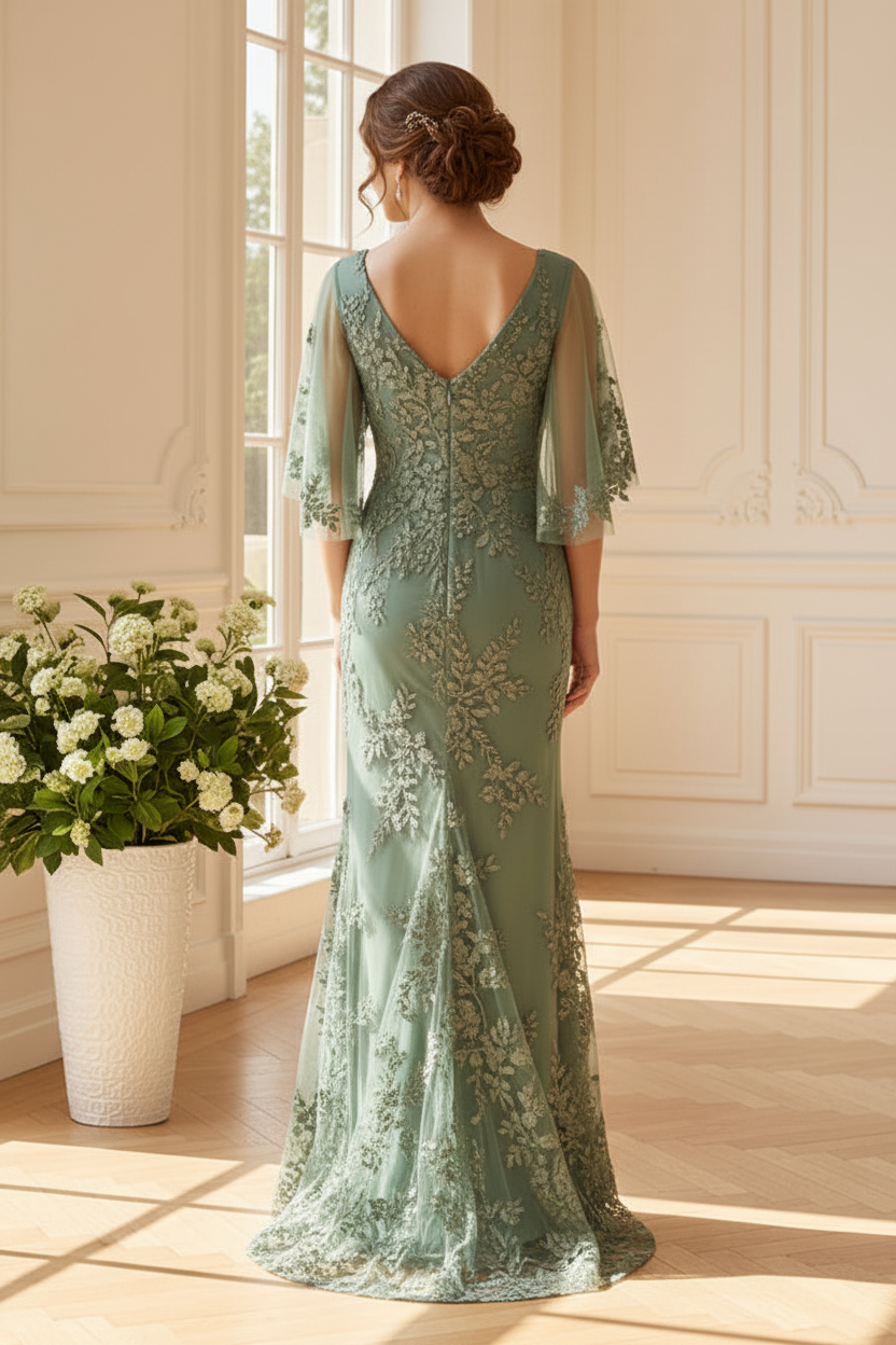 Lace Applique V-Neck Flutter Sleeve Gown