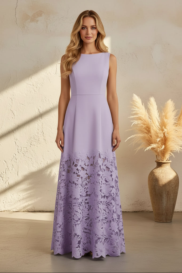 Sleeveless A-Line Maxi Dress with Lace Skirt