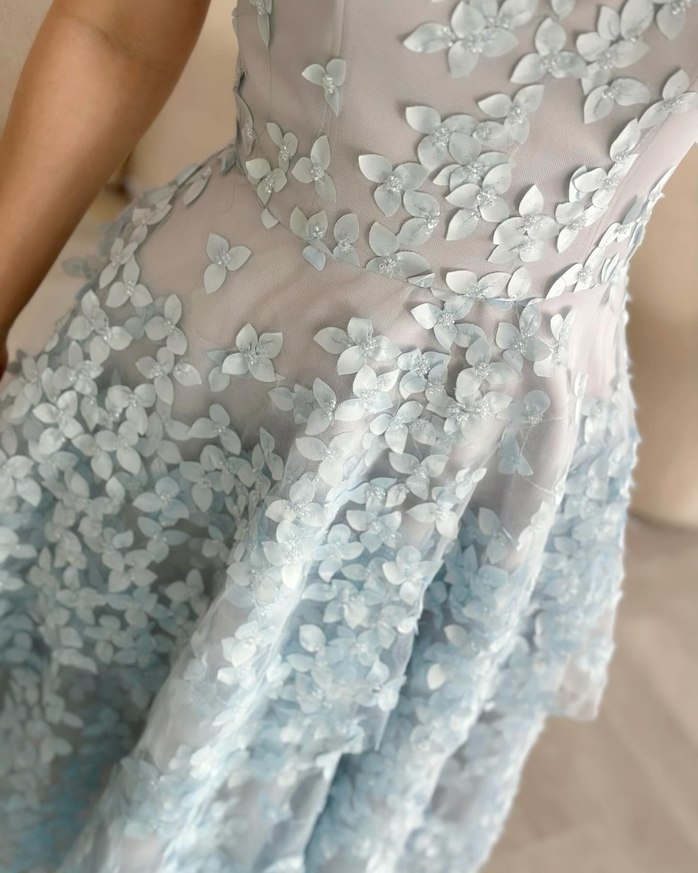 3D Floral Applique Strapless Tiered Tulle Gown
