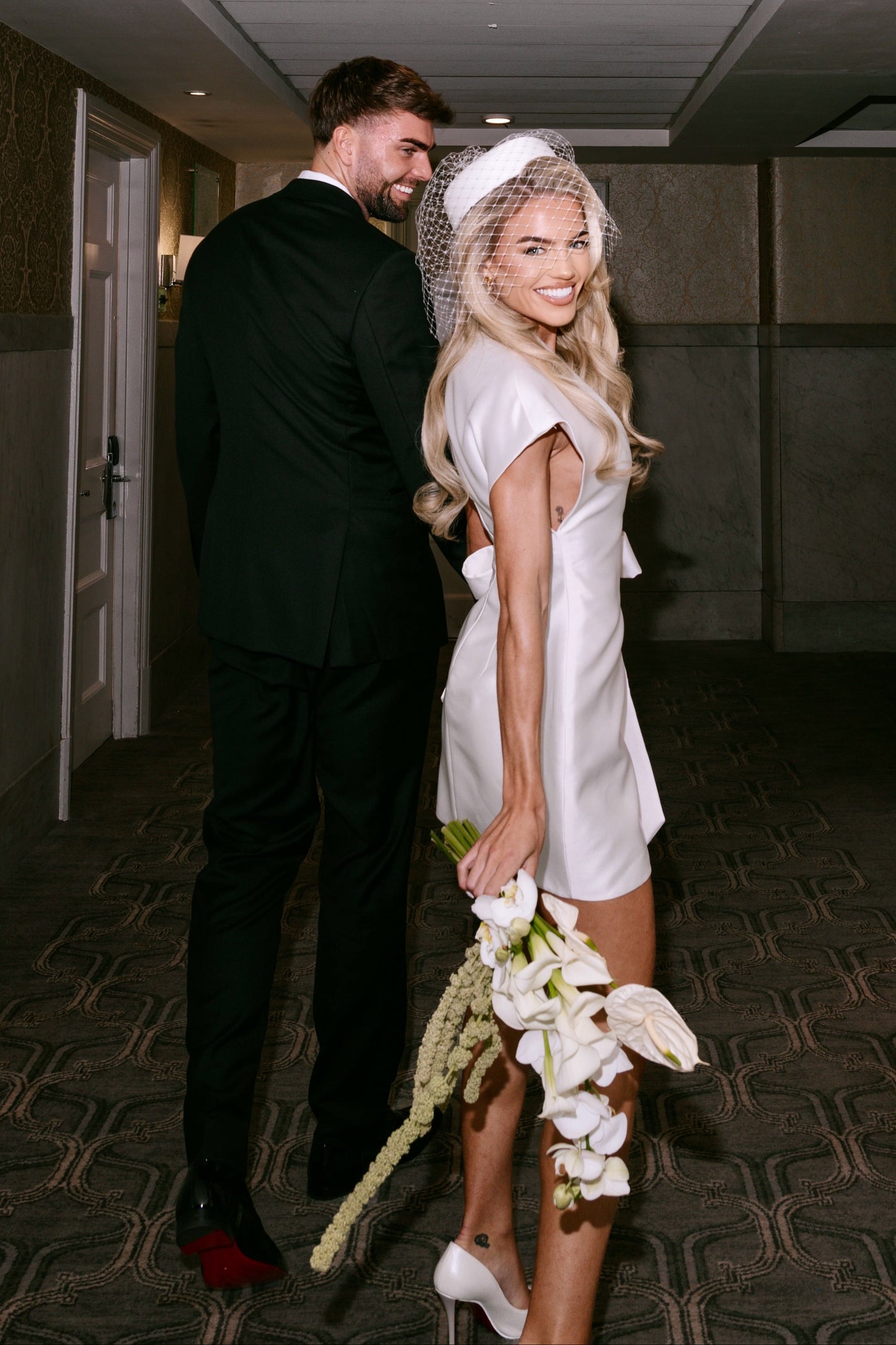 Satin Wrap Mini Wedding Dress with Cap Sleeves