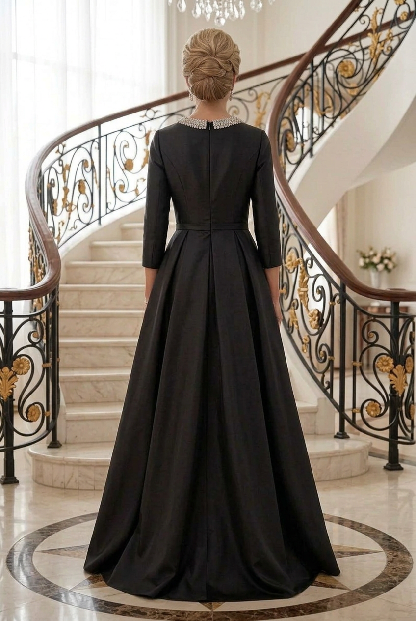 A-Line Gown with Pearl Collar and Slit