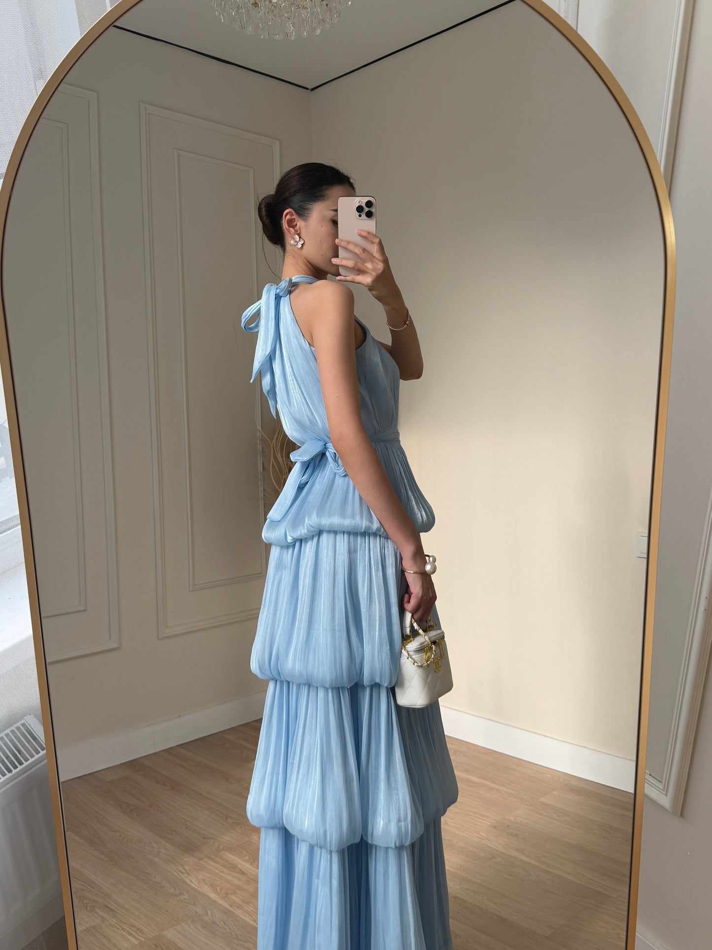 Shimmer Pleated Halter Tiered Gown