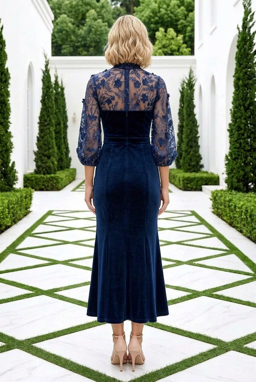 Velvet Mermaid Midi Dress with Floral Illusion Yoke