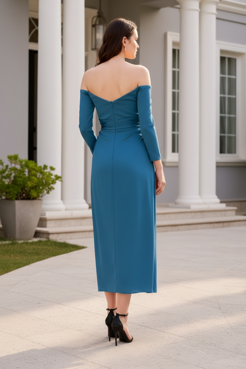 Off the Shoulder Long Sleeve Tea Length Dress