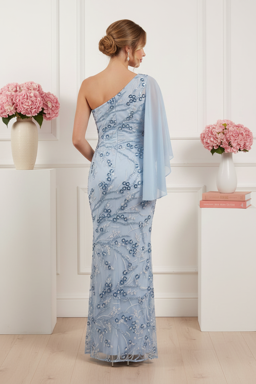 One-Shoulder Embroidered Sequin Gown with Cape