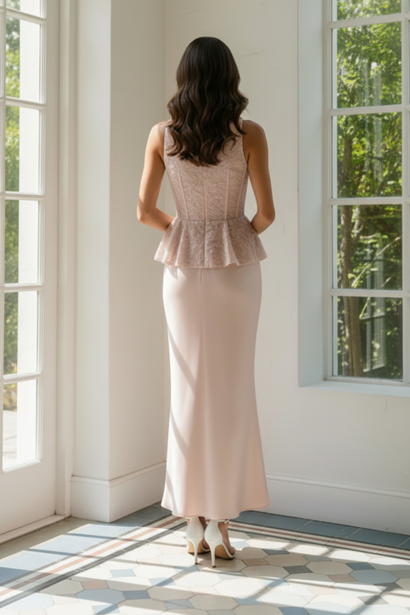 Lace Peplum Satin Evening Gown