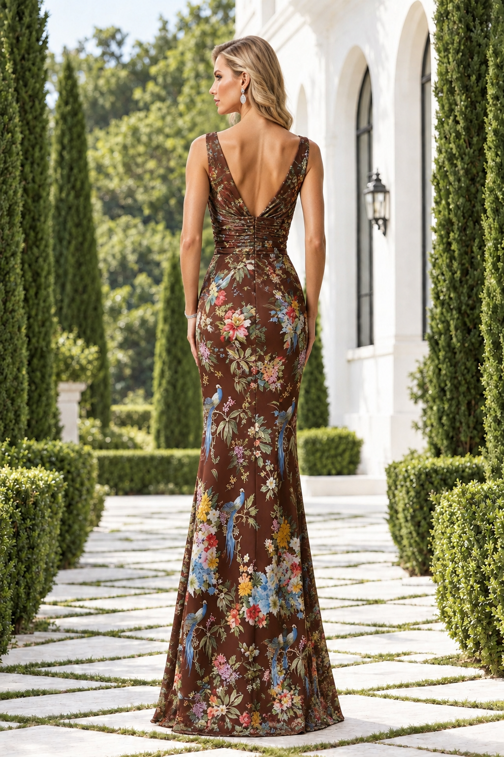 Floral Print Satin V-Neck Gown with Ruched Waist