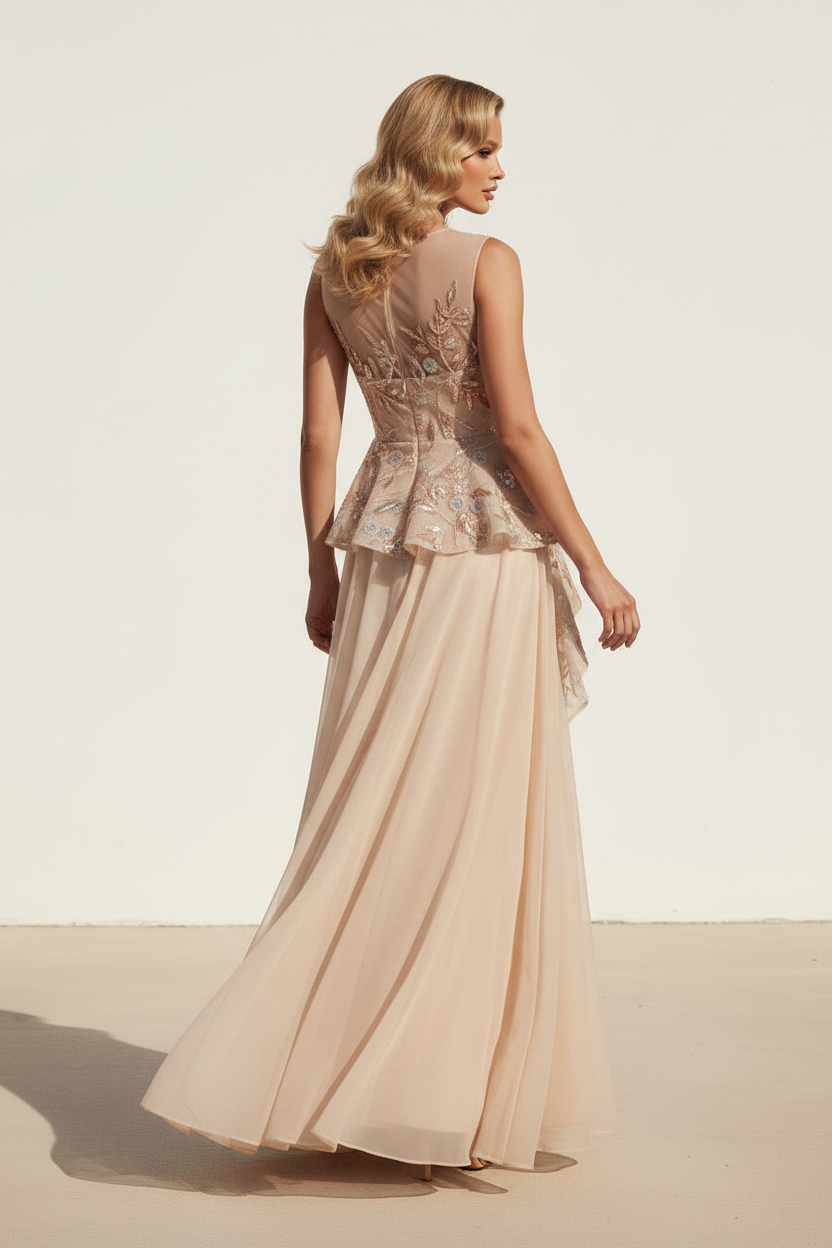 Illusion Beaded Peplum A-Line Evening Gown