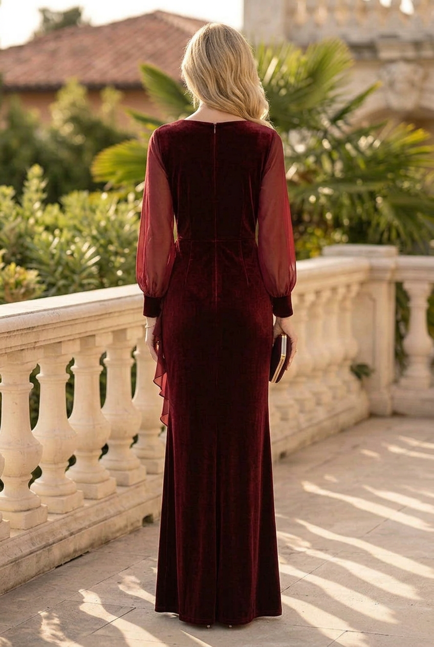 Velvet Column Gown with Sheer Sleeves