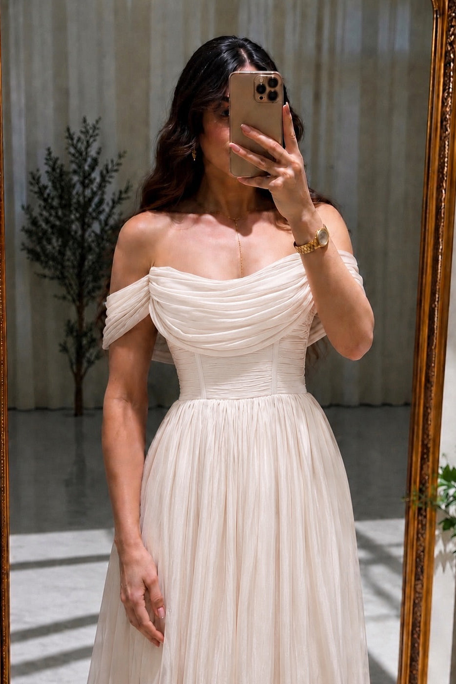 Off the Shoulder Pleated Tulle A-Line Evening Gown