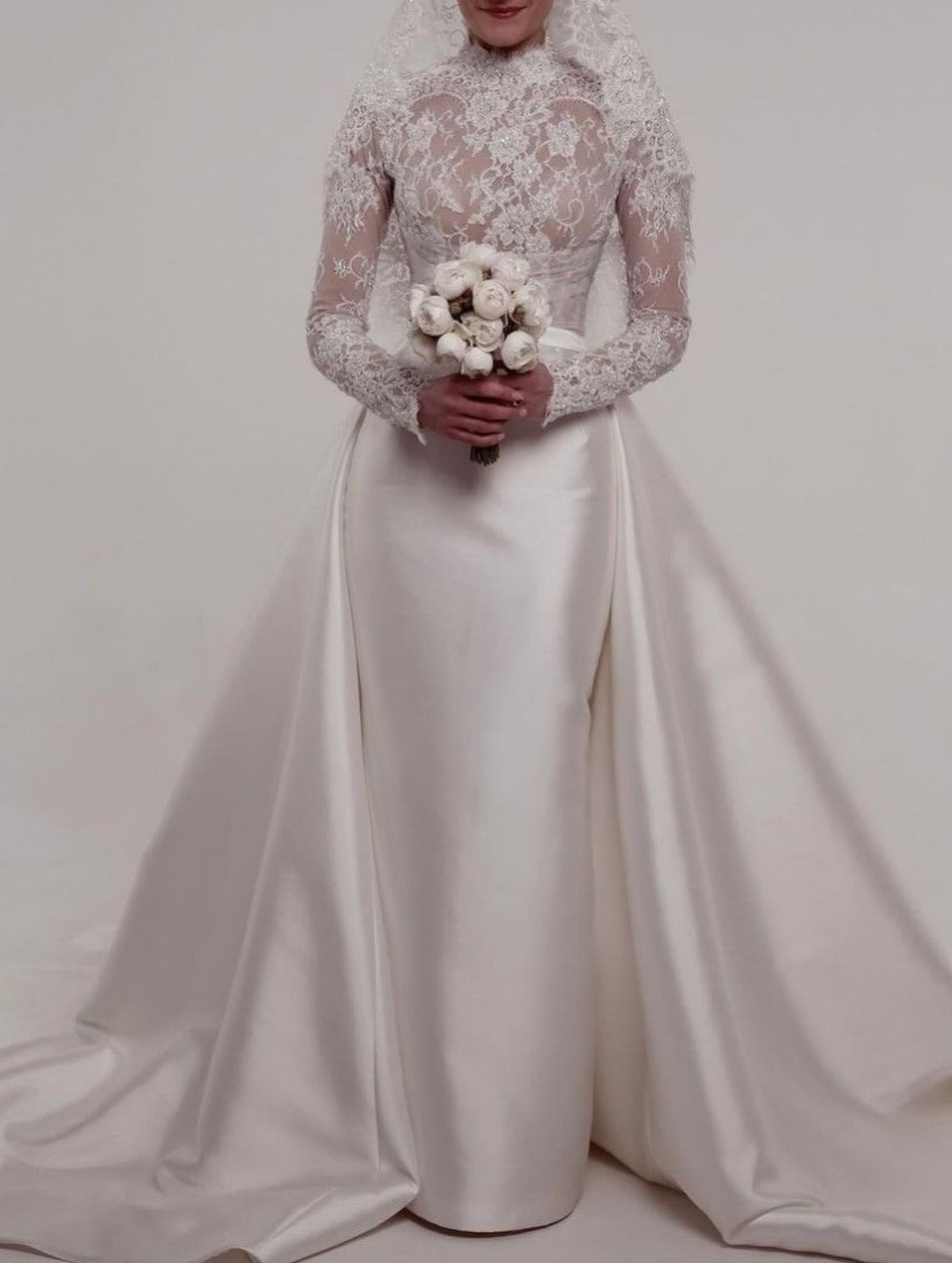 High-Neck Lace Wedding Dress with Detachable Overskirt