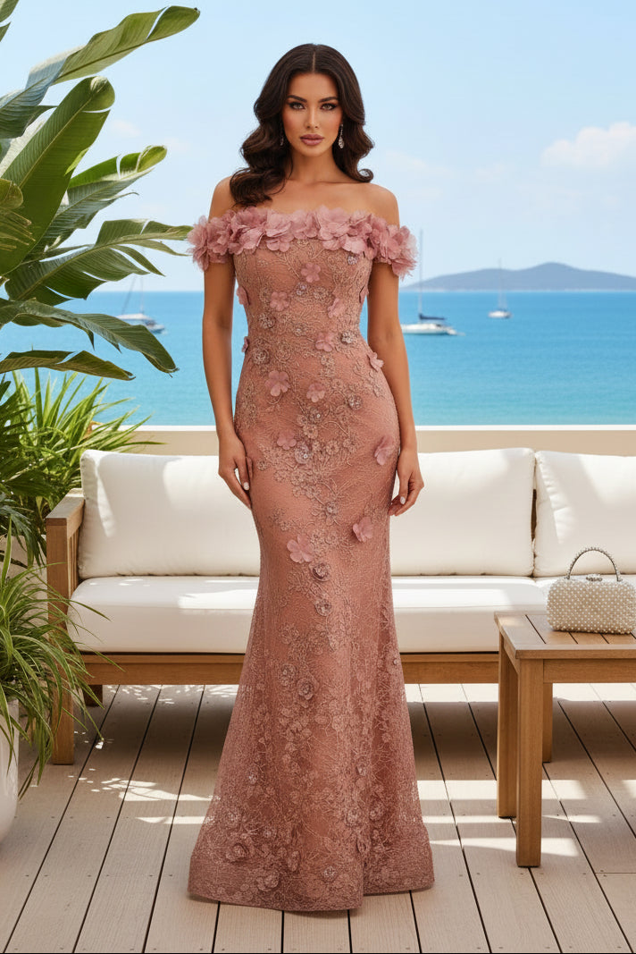 Off-the-Shoulder 3D Floral Lace Trumpet Gown