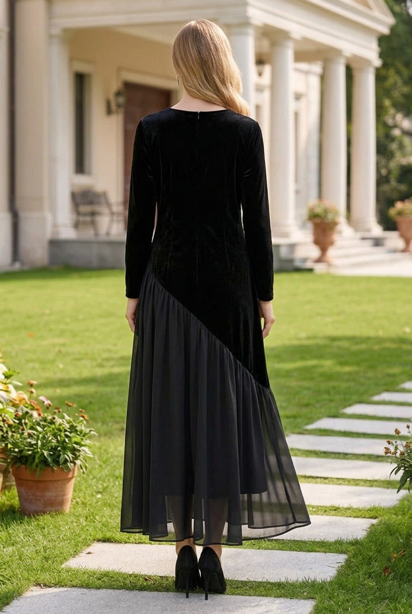 Velvet Asymmetric Chiffon Pleated Maxi Dress