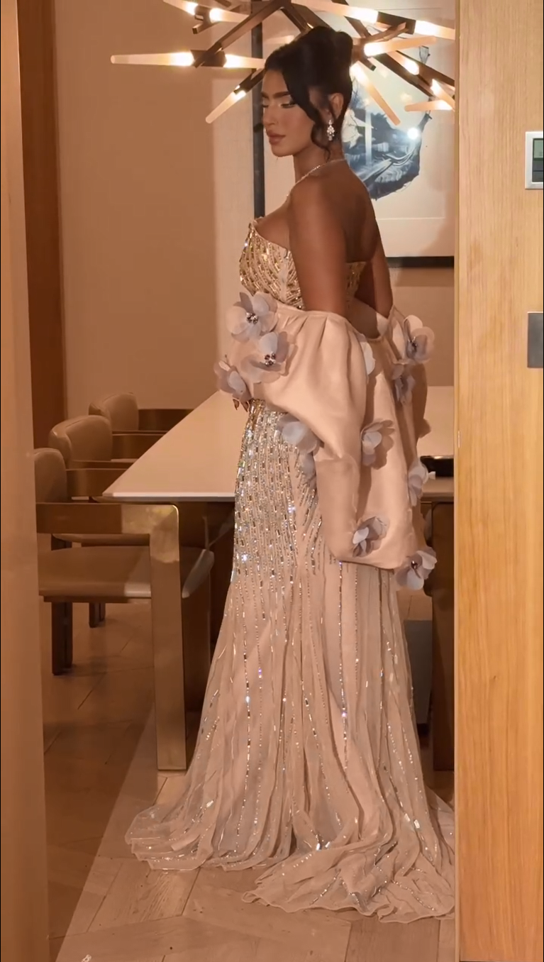 Strapless Embellished Gown with 3D Flower Wrap