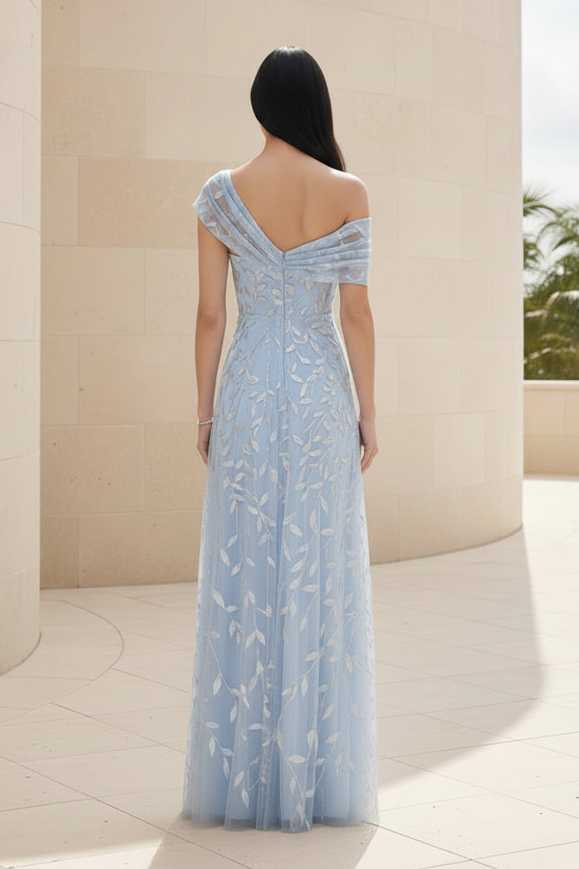 One Shoulder Leaf Sequin A-Line Evening Gown