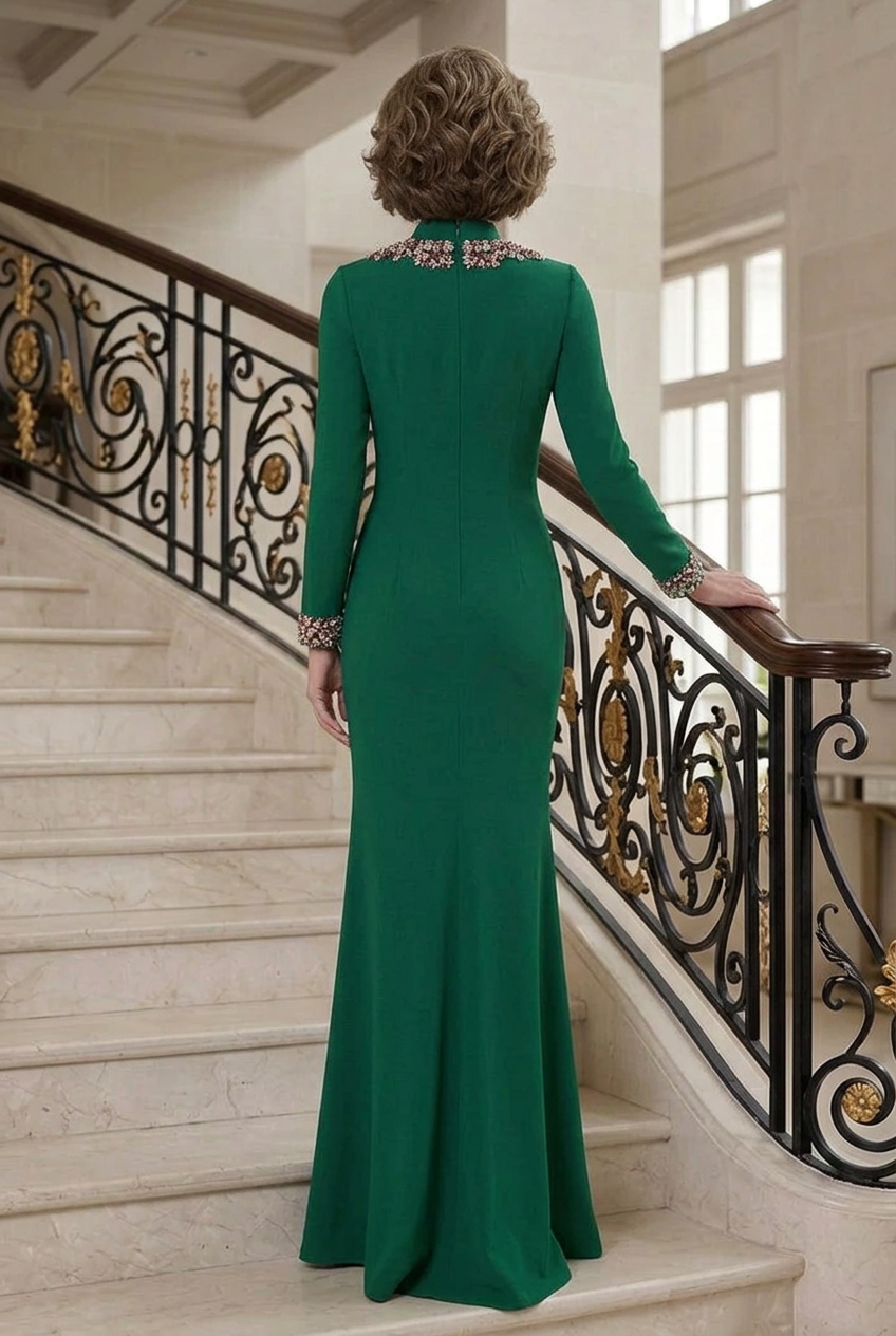 High Neck Cut-Out Gown with Embellished Trim