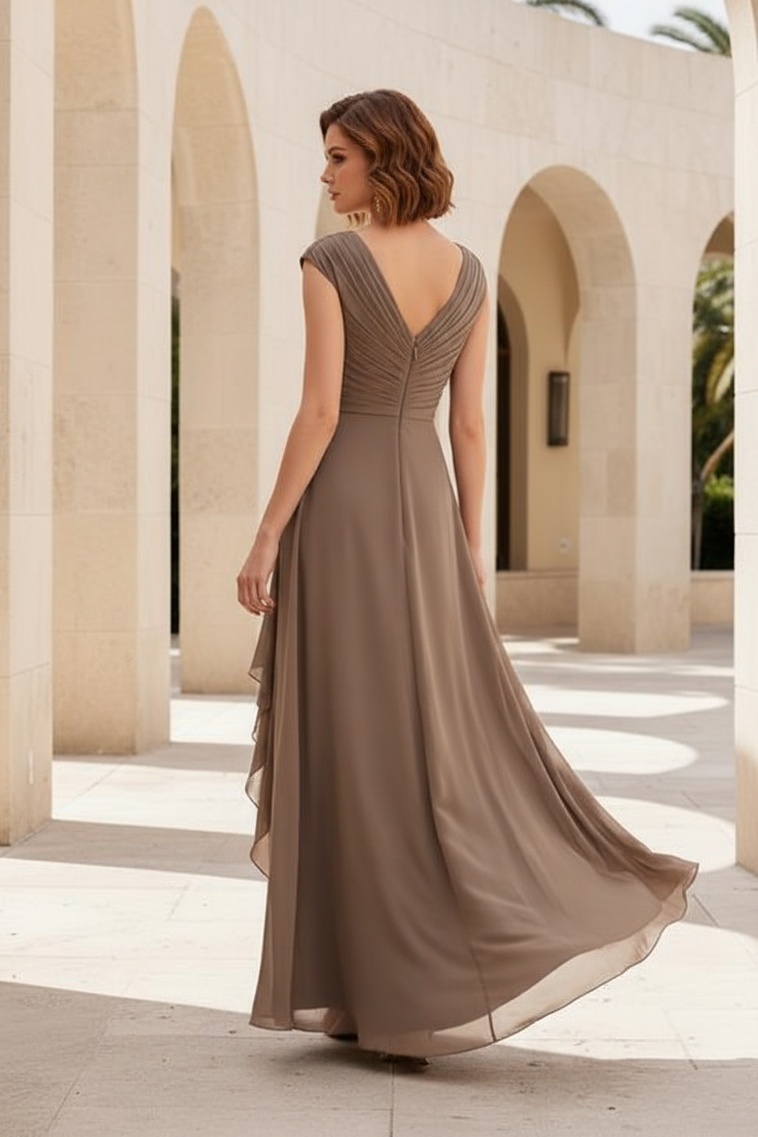 V-Neck Ruched Chiffon High-Low Evening Gown