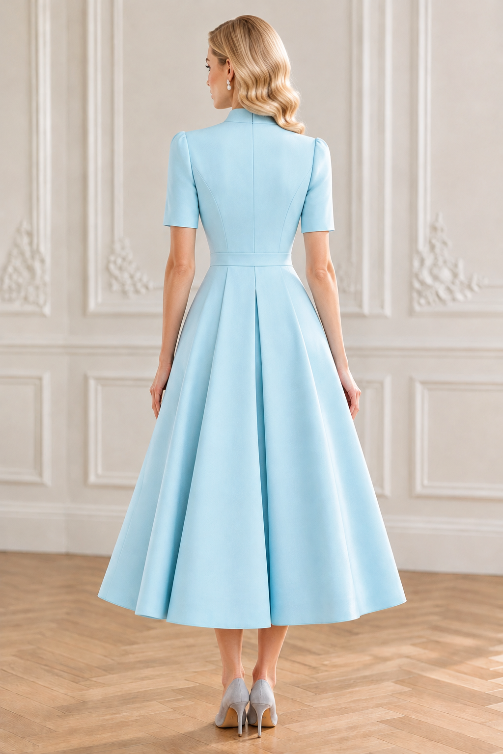 High Neck Pleated A-Line Midi Dress