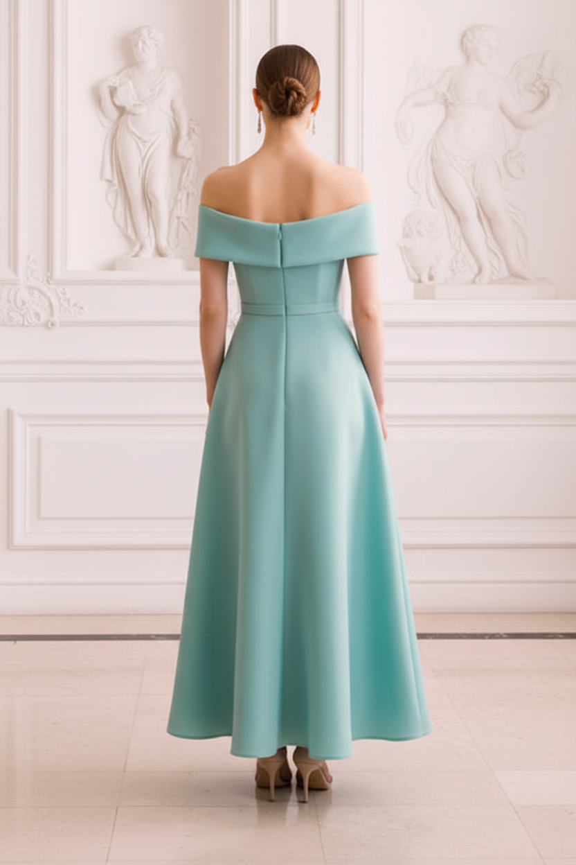 Off-The-Shoulder Tea Length Dress with 3D Flower