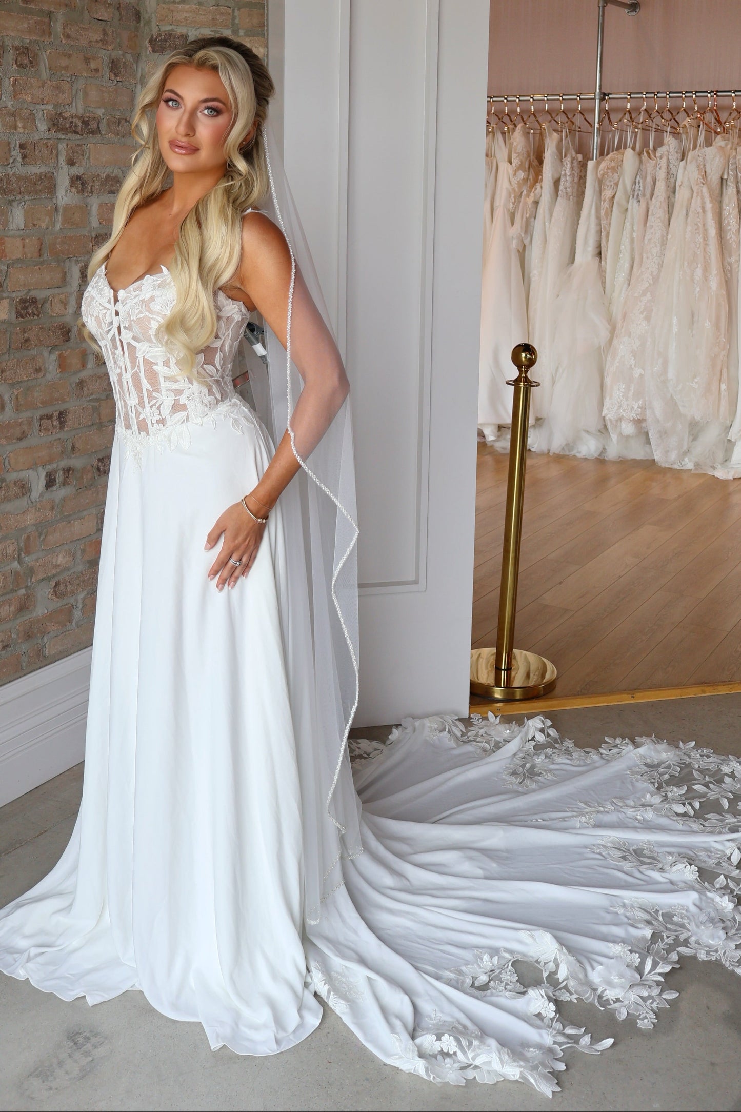 Lace Corset A-Line Wedding Dress with Floral Train