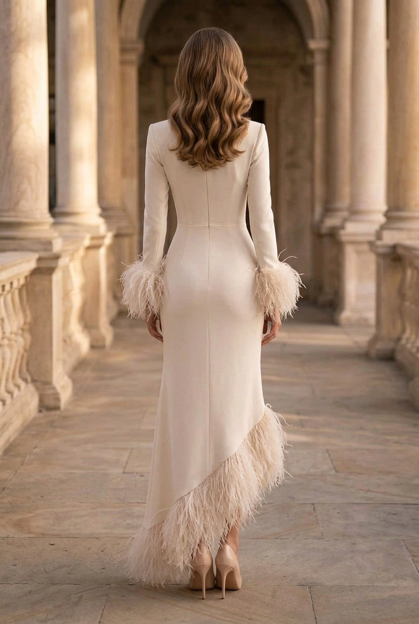 High Neck Feather Trim Asymmetrical Midi Dress
