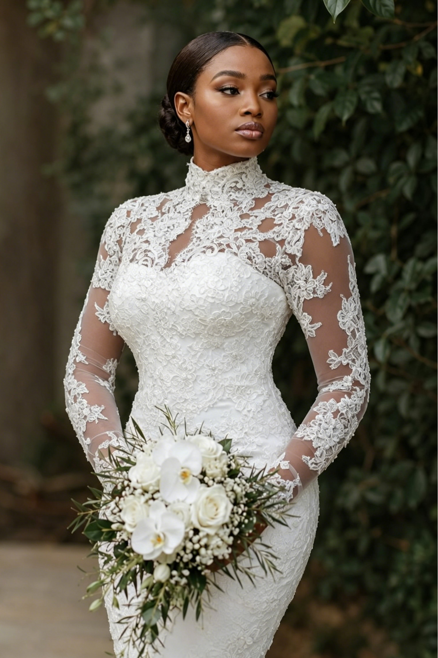 High Neck Mermaid Lace Wedding Dress with Long Sleeves