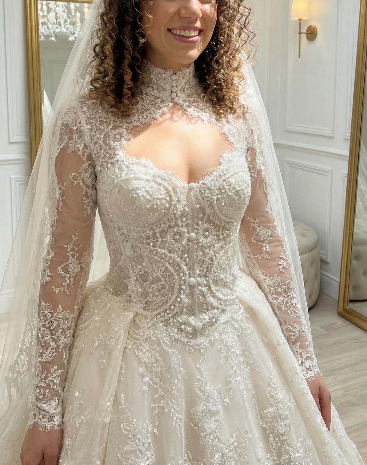 Long Sleeve Illusion Lace Corset Ball Gown