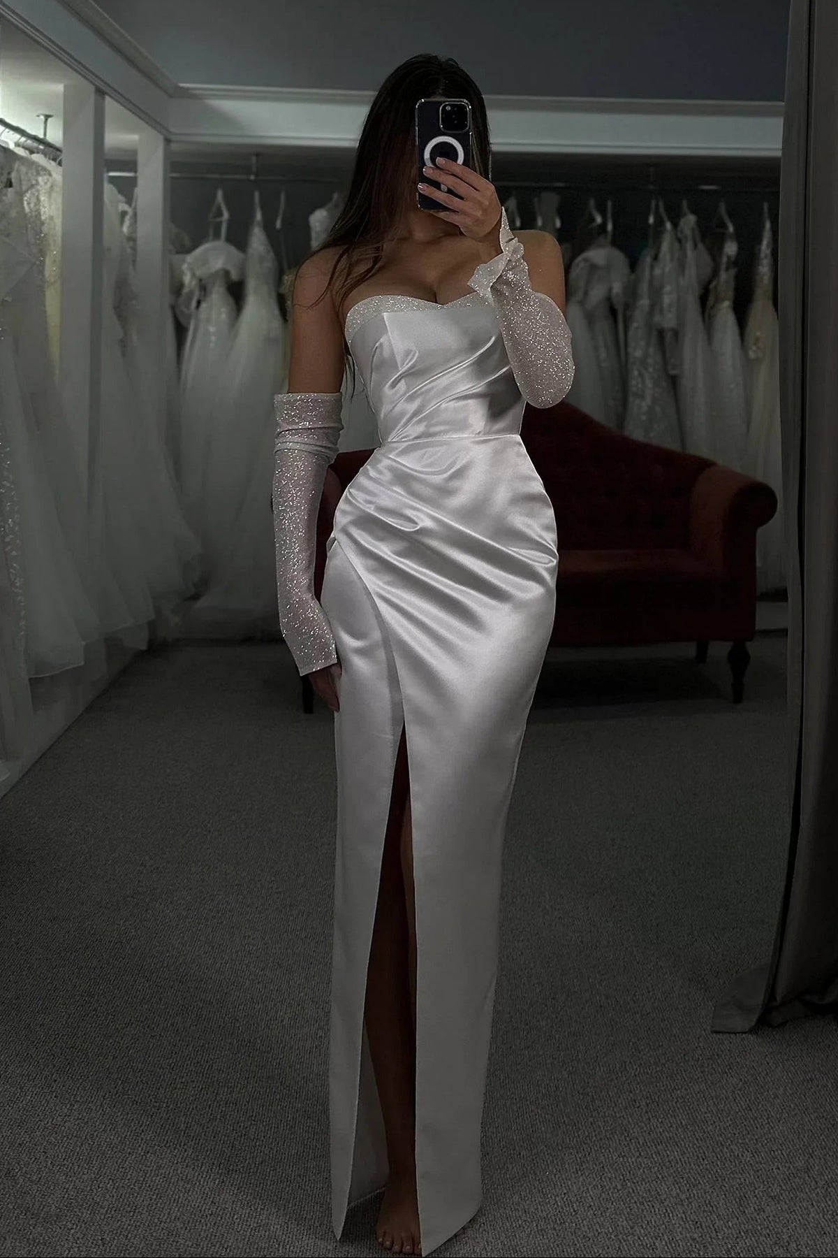 Strapless Ruched Satin Gown with High Slit & Gloves