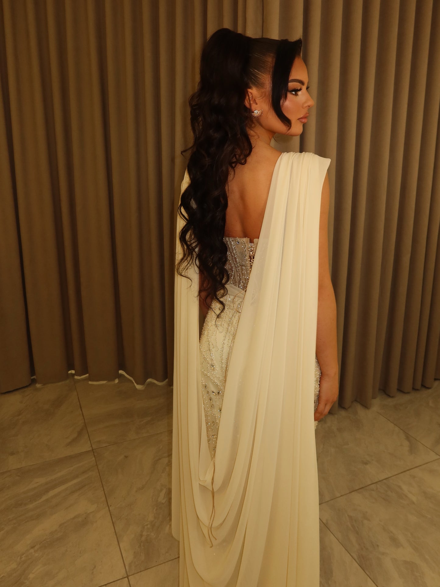 Beaded Mermaid Corset Gown with Chiffon Cape