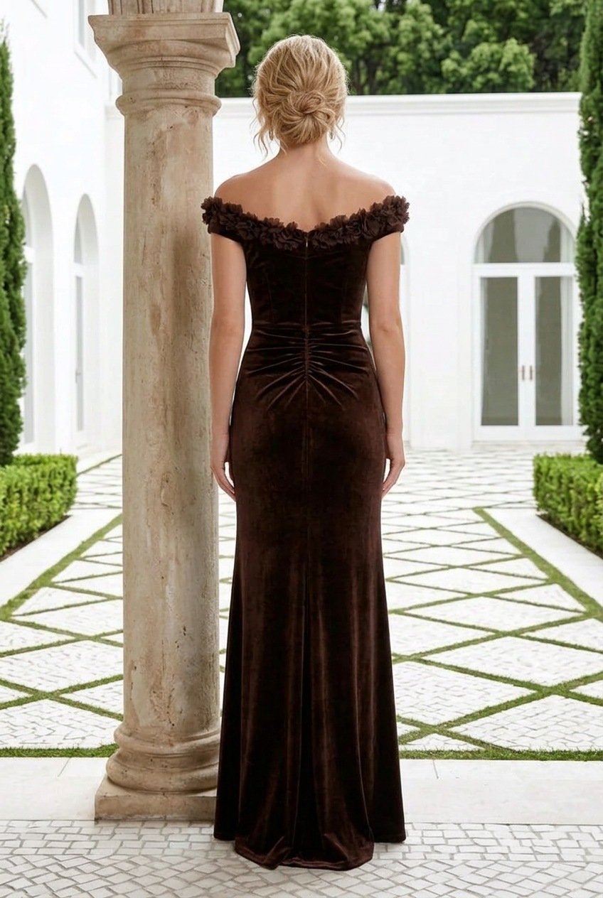 Off-the-Shoulder Ruched Velvet Gown with Slit