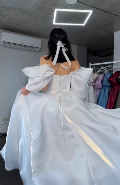 Off-the-Shoulder Puffy Sleeve Corset Ball Gown