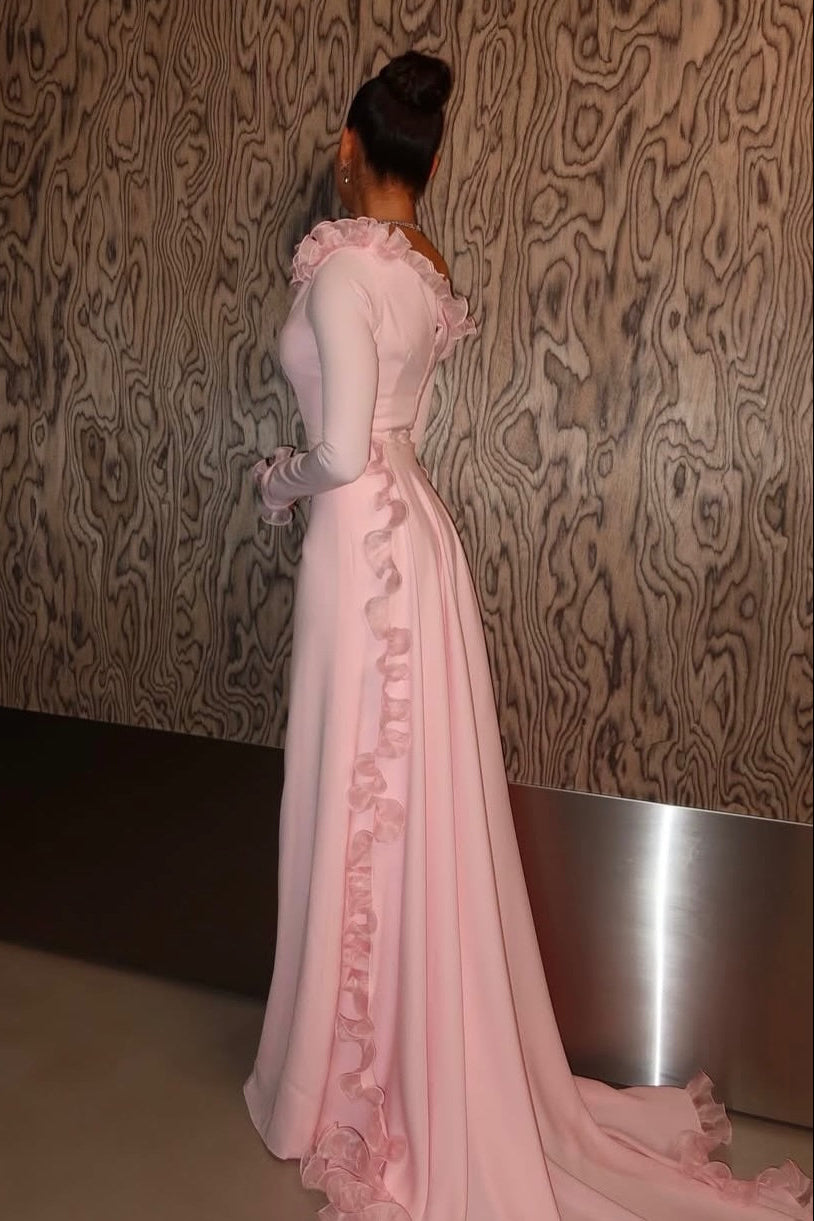 Asymmetrical Ruffle Trim Evening Gown with Train
