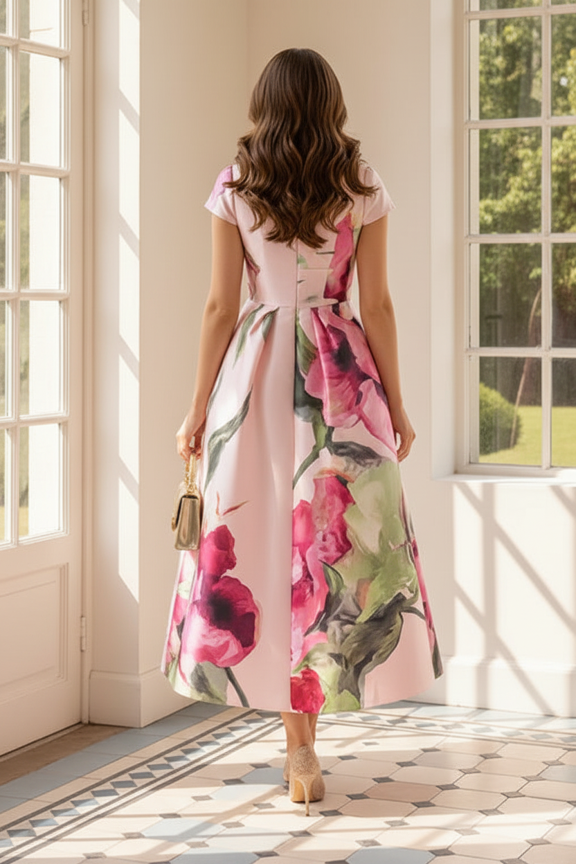 Floral A-Line Midi Dress with Cap Sleeves