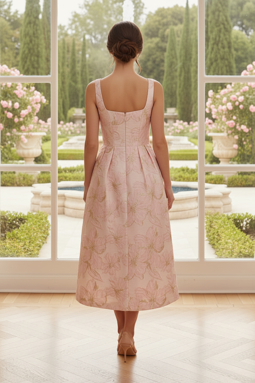 Floral Jacquard Square Neck Tea-Length A-Line Dress