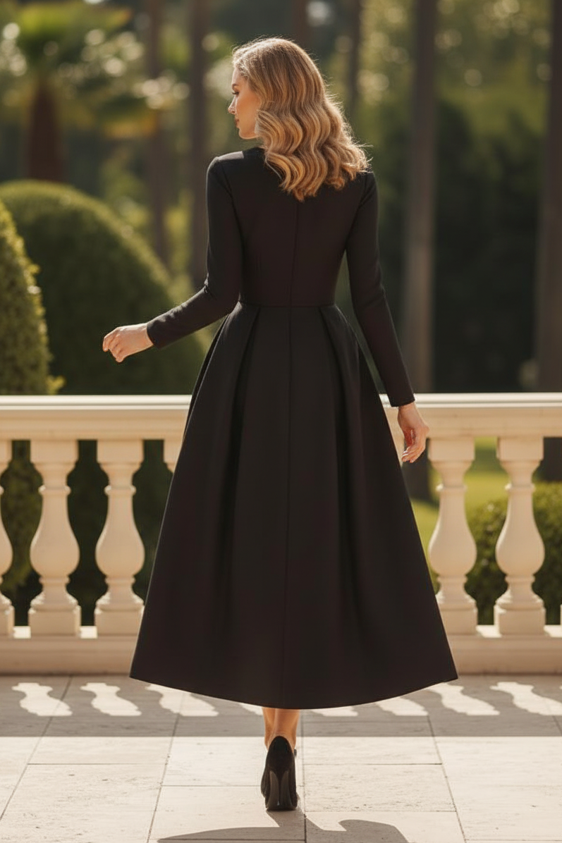 Long Sleeve Pleated Tea-Length A-Line Dress