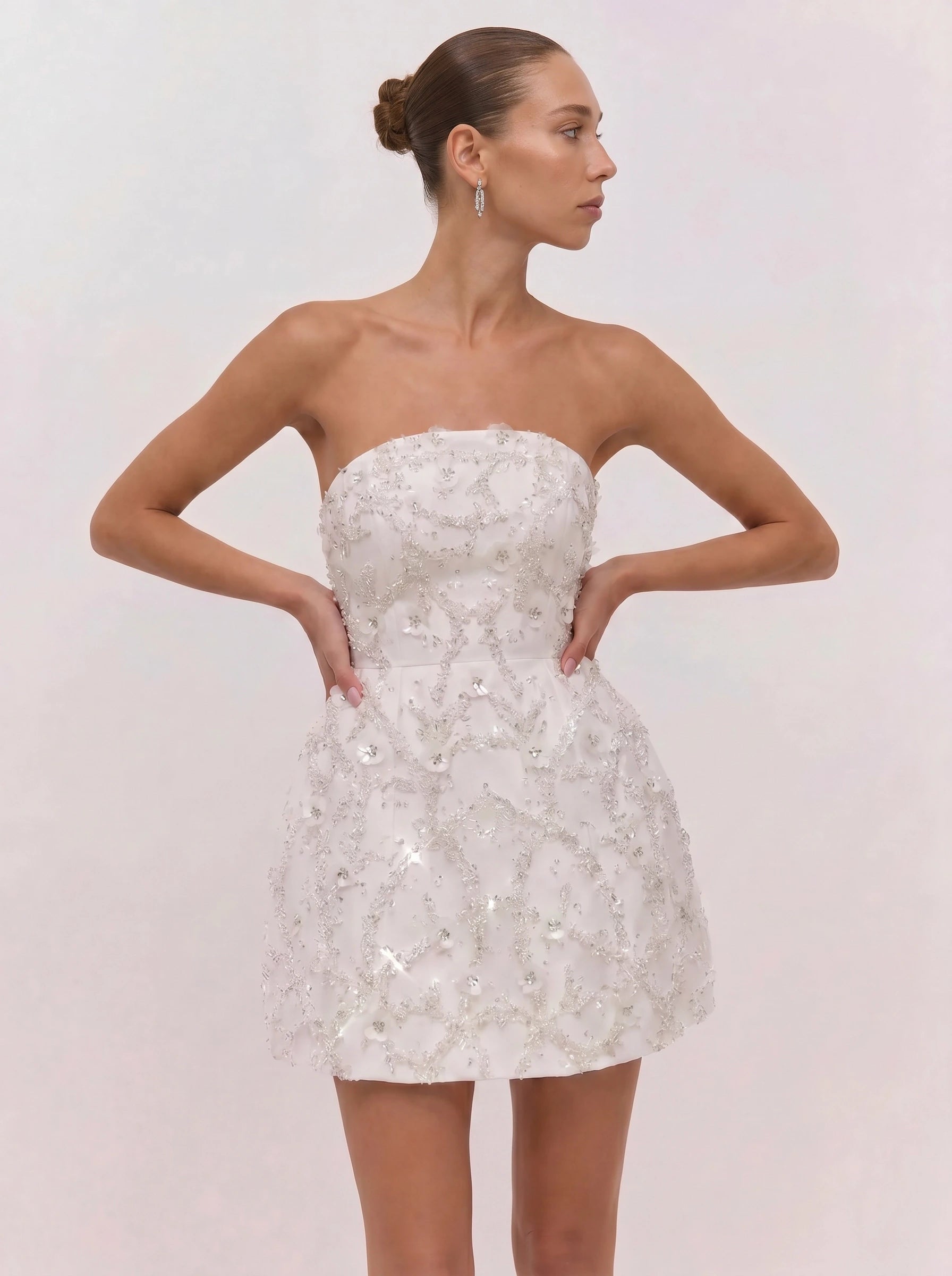 beaded bridal mini dress Strapless A-Line for Events needs variant crafted from embellished beadwork Color:Ivory Lace + Nude Lining As Picture Rihanna Turns 38 in