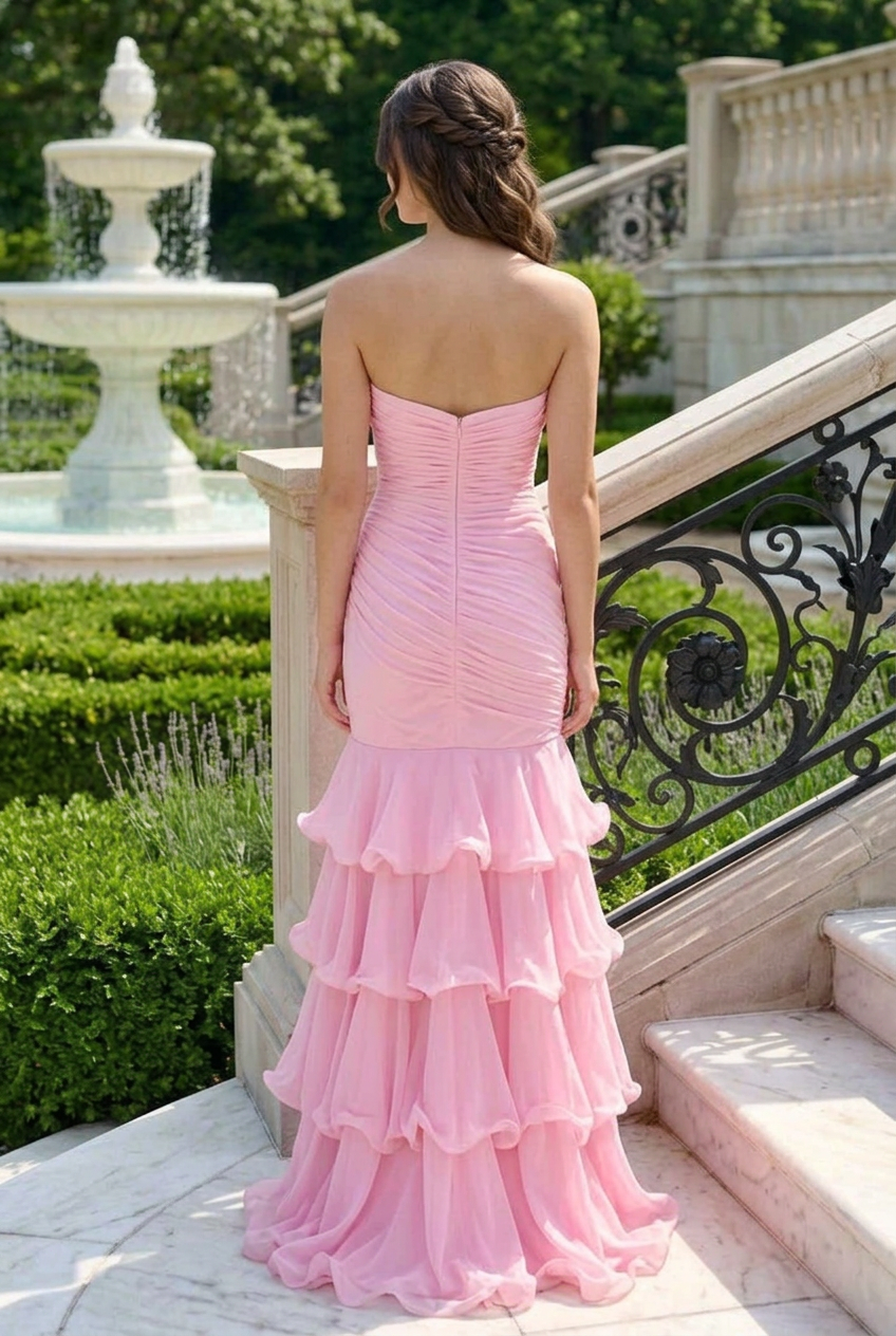 Strapless Ruched Mermaid Gown with Tiered Skirt