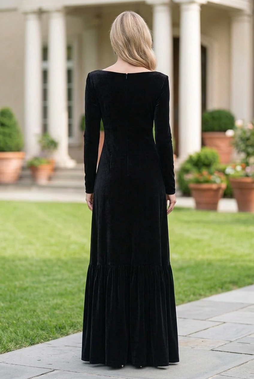 Velvet Cowl Neck Maxi Dress with Tiered Skirt
