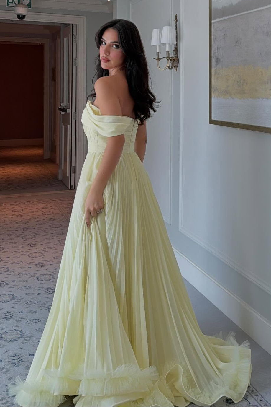 Off-The-Shoulder Pleated Chiffon A-Line Gown