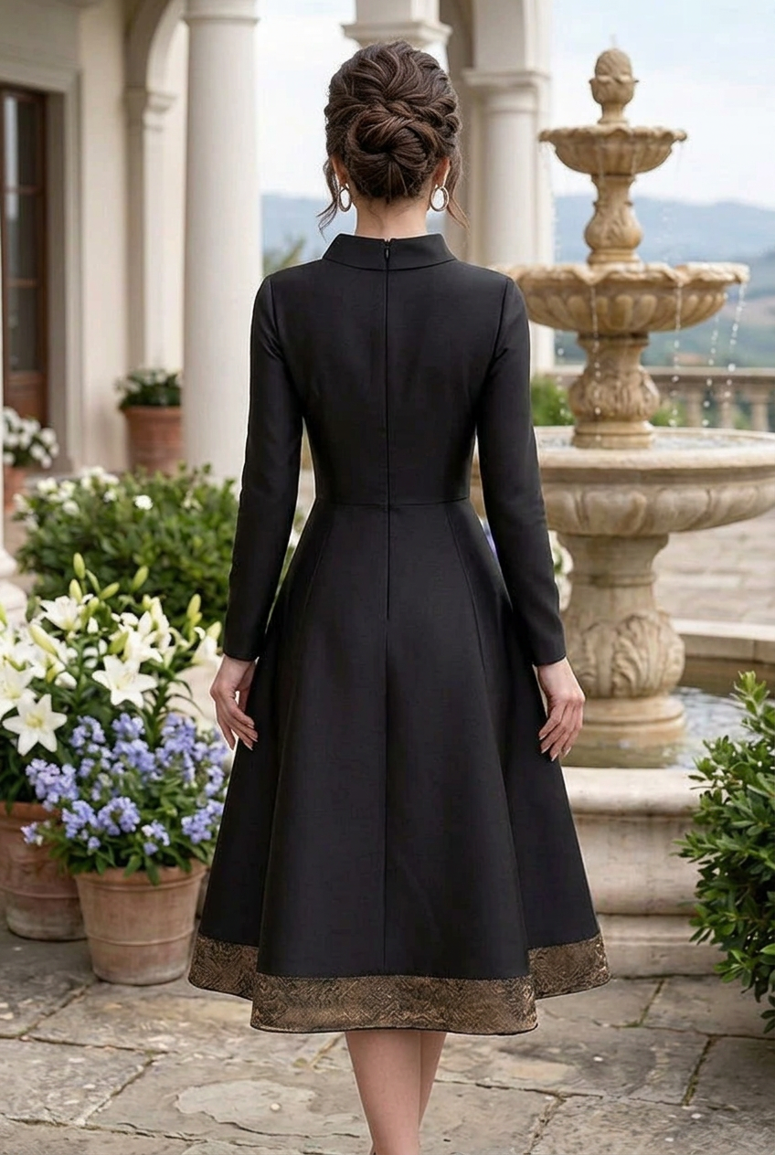 High Neck Long Sleeve A-Line Midi Dress