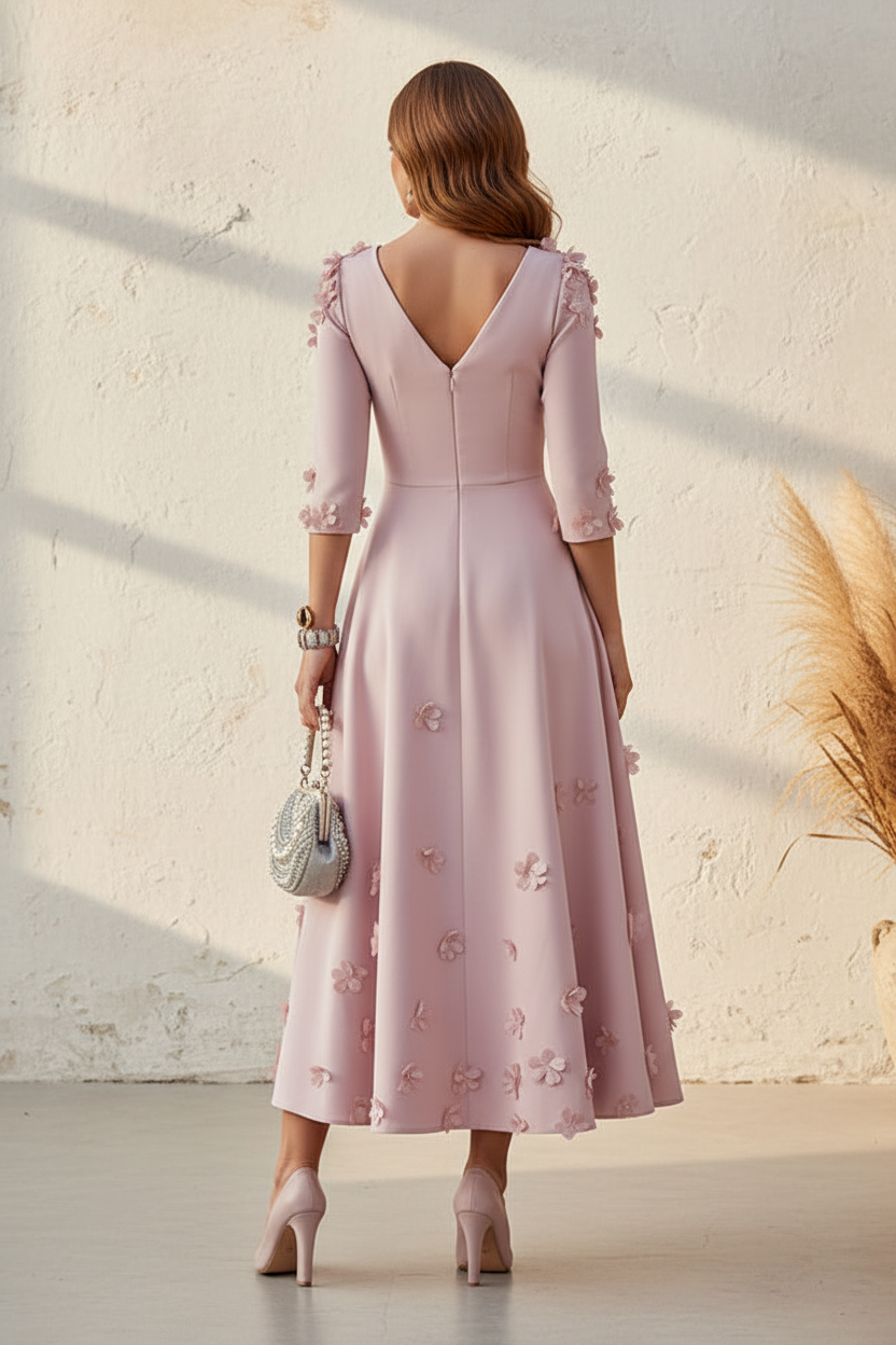 Floral Applique Midi A-Line Dress