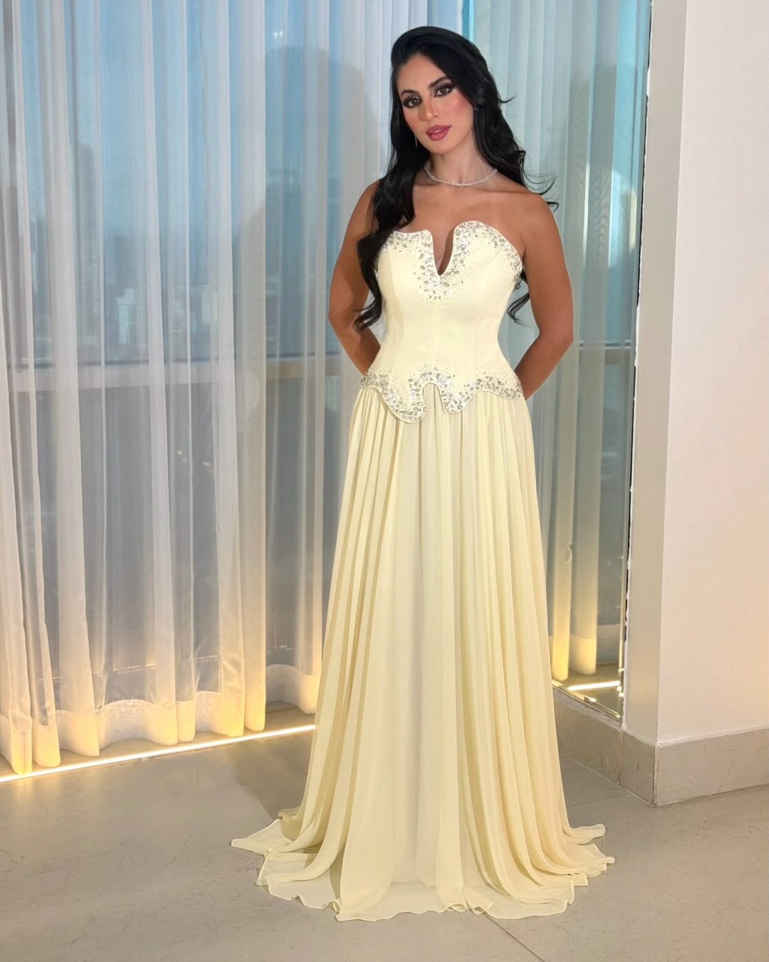 Strapless Beaded Basque Waist Chiffon Evening Gown