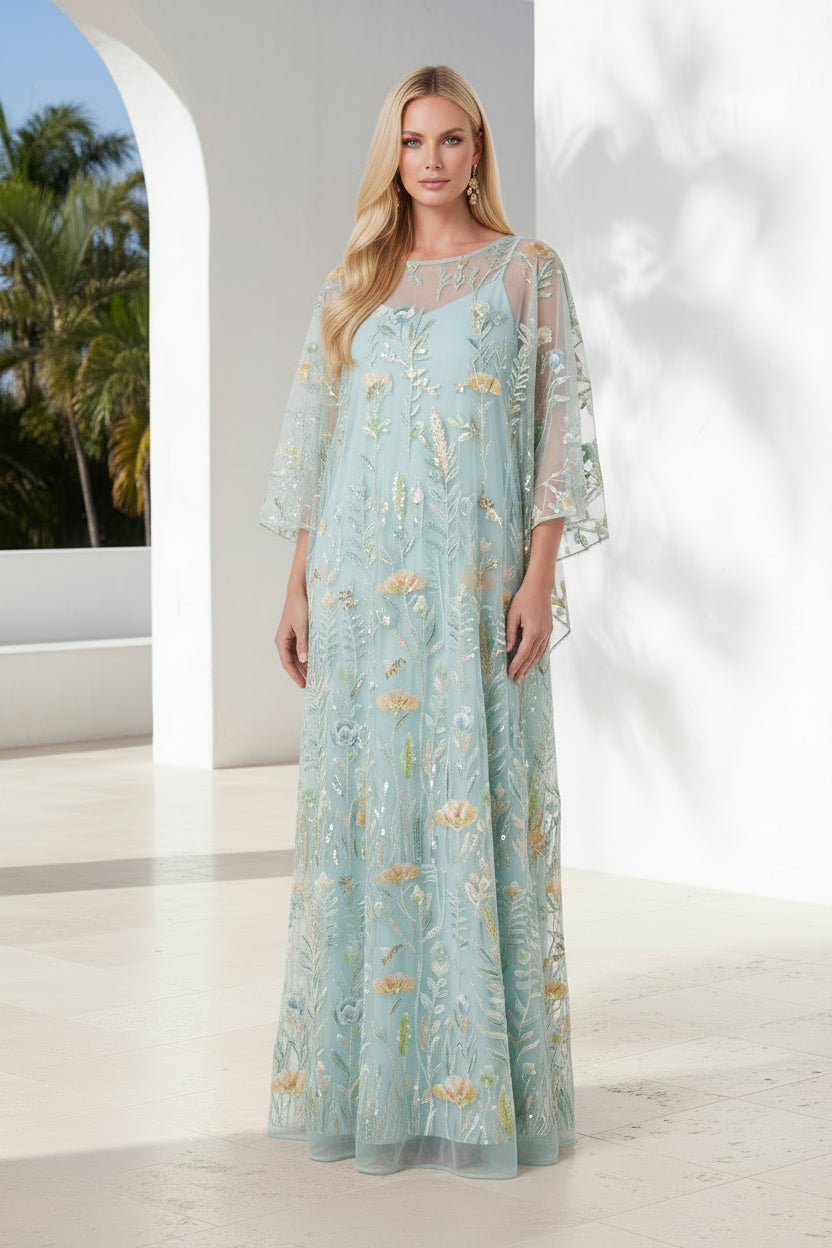 Floral Embroidered Cape Overlay Evening Gown