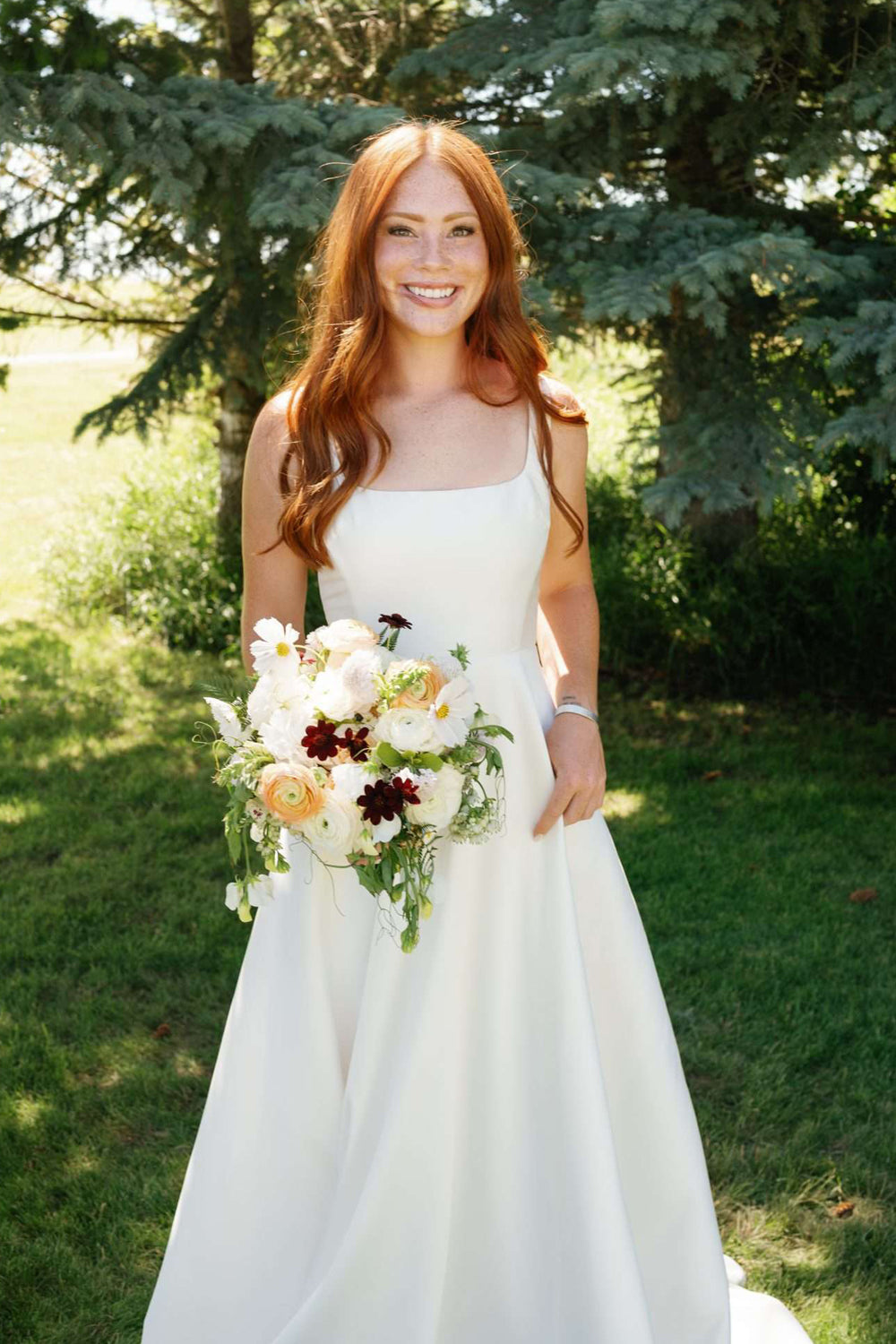 Square Neck Satin A-Line Wedding Dress with Back Bow
